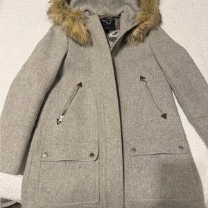J. Crew Gray Puffer Coat with Faux Fur Hood